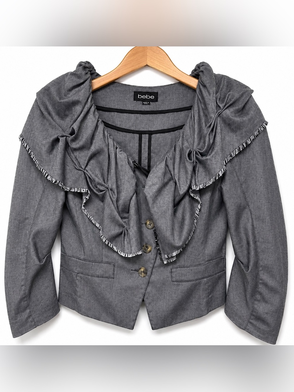 bebe Herringbone Ruffle Blazer Jacket Size 6 Statement Y2K  Business Casual